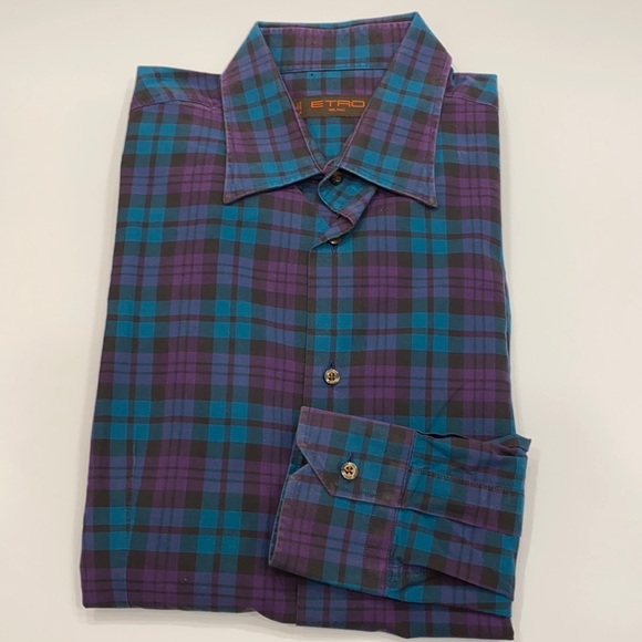 Etro Milano Plaid Button Down Aqua Purple - Picture 1 of 4